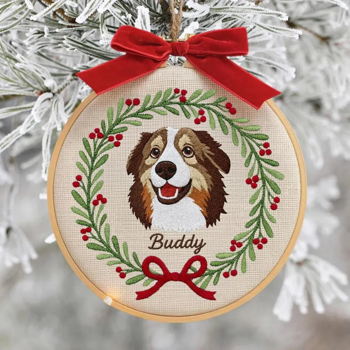 Custom Pet Portrait Embroidered Christmas Ornament with Christmas Wreath