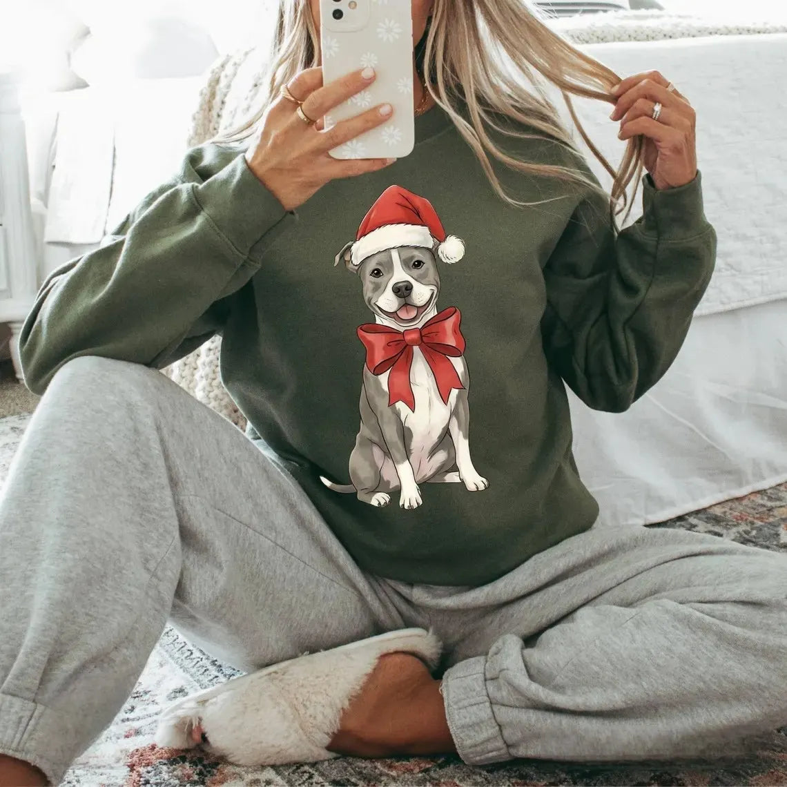 Custom Dog & Cat Sweatshirt with Santa Hat and Red Bow, Christmas Dog Crewneck