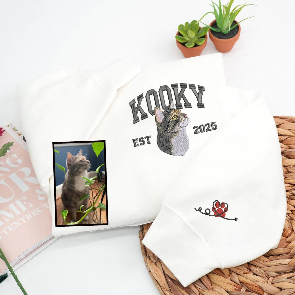 Custom Embroidered Pet Portrait & Name Sweatshirt - Personalized Dog Photo Crewneck Hoodie