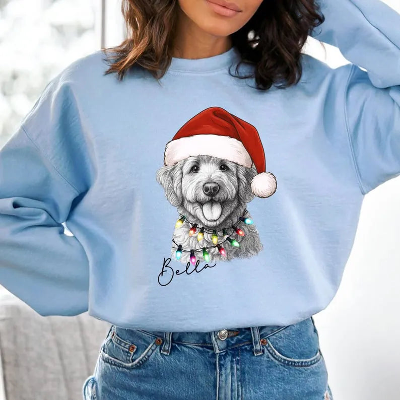 Custom Santa Hat Christmas Dog Shirt with Christmas Lights Design, Custom Graphic Tee