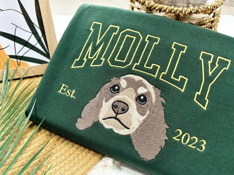 Custom Dog Embroidered Sweatshirt, Varsity Sweatshirt, Personalized Pet Face Name Hoodie- Varsity Colorful Design