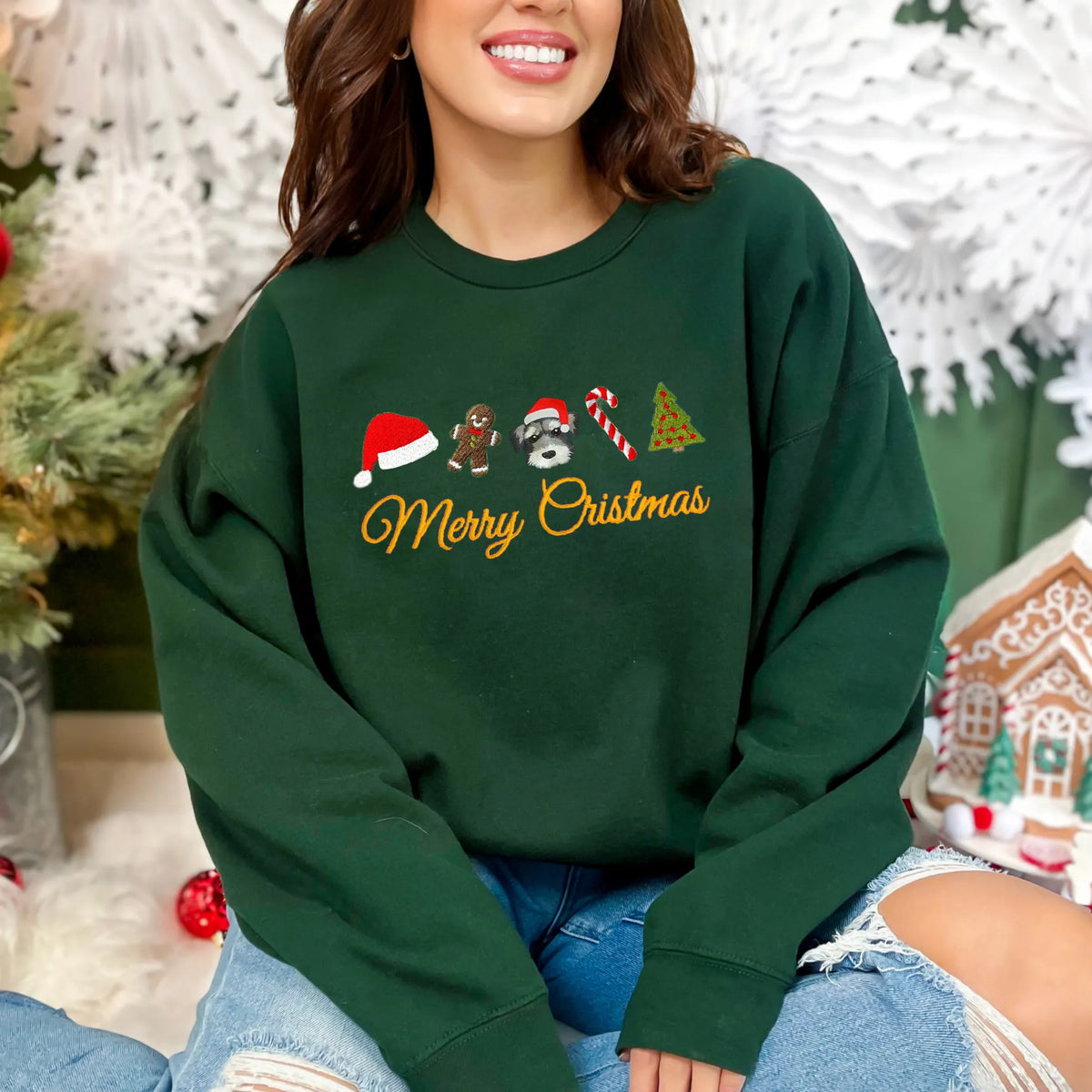PetFiestas® Custom Pet Dog Embroidered Christmas Sweatshirt, Merry Christmas Gingerbread Snowman Crewneck- Colorful Desi