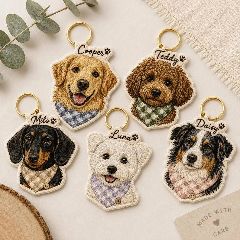 Personalized Pet Portrait Embroidered Keychain, Pet Memorial Keychain, Dog Lover Gift