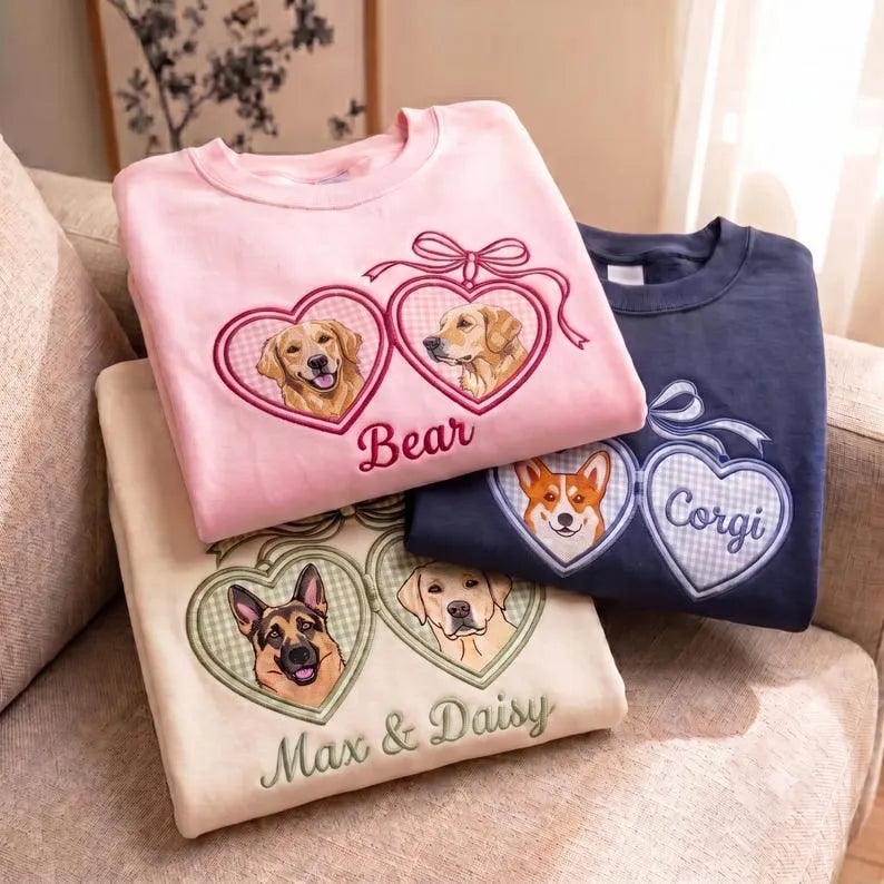 Custom Pet Portrait Embroidered Sweatshirt with Locket Heart Coquette Bow Design
