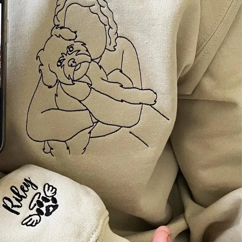 Custom Dog Portrait Embroidered Sweatshirt From Your Photo, Pet Outline T-shirt Hoodie- Stylish Outline Style