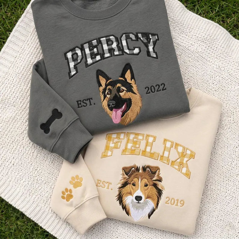 Custom Dog or Cat Portrait Crewneck with Gingham Applique Letters