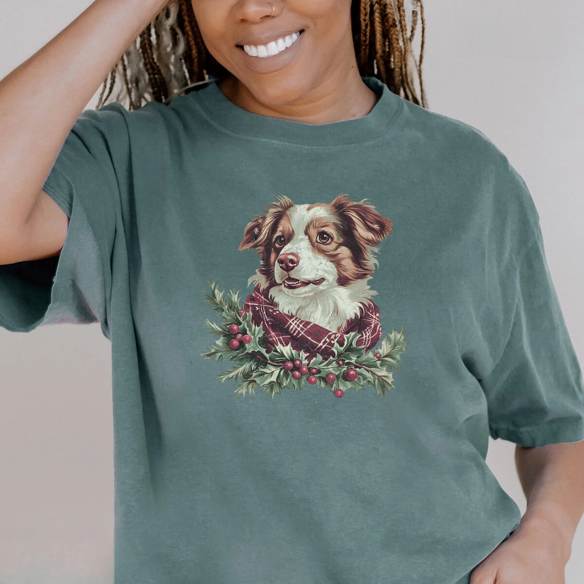 Vintage Custom Christmas Dog Graphic Crewneck T-Shirt with Berry Mistletoe Scarf
