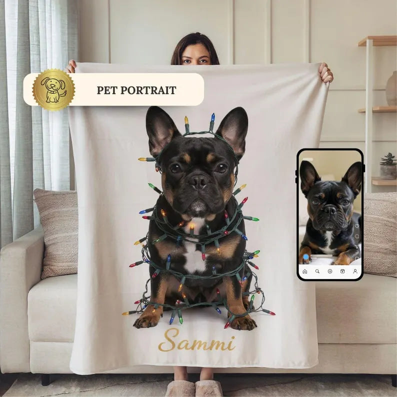 Custom Dog Blanket, Dog Wrapped in Christmas Lights Blanket