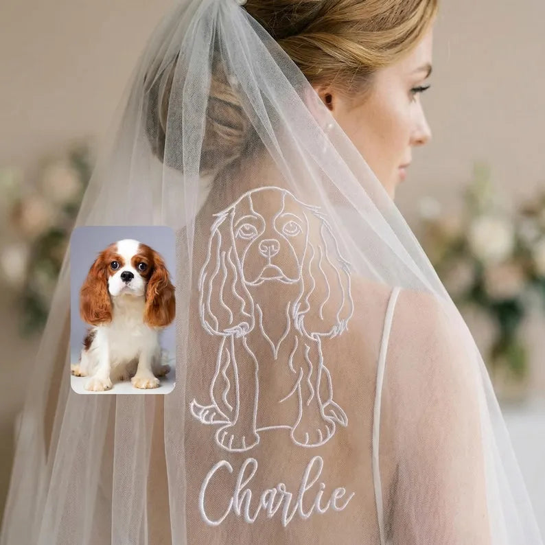 Personalized Pet Embroidered Bridal Veil, Custom Dog Portrait Wedding Veil