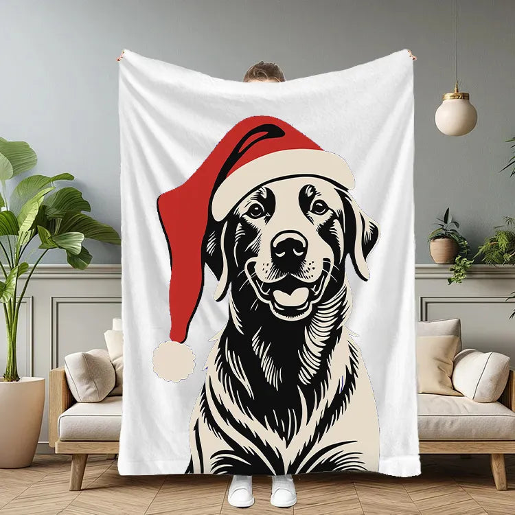 PetFiestas® Custom Pet Portrait Blanket – Vintage Black Art Style with Santa Hat