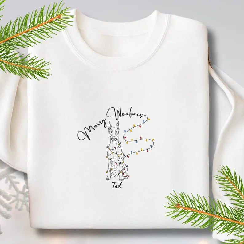 Merry Woofmas Custom Pet Embroidered Sweatshirt with Christmas Light Strings- Stylish Outline Style