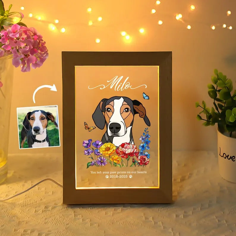 Custom Pet Memorial Night Light with Photo, Name & Floral Design