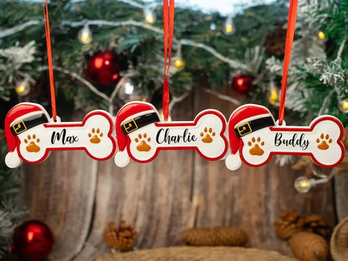 Custom Dog Paw Christmas Tree Ornament, Personalized Pet Name Bone Shape Xmas Decoration