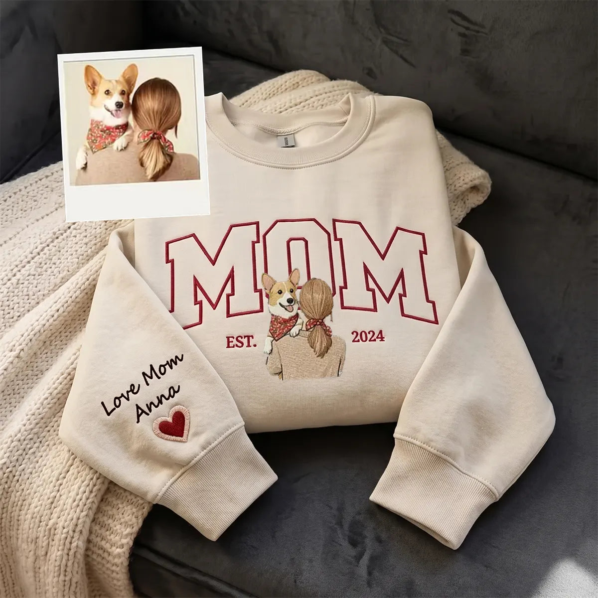 Custom Dog Mom/ Dog Dad Embroidered Sweatshirt with Pet Portrait