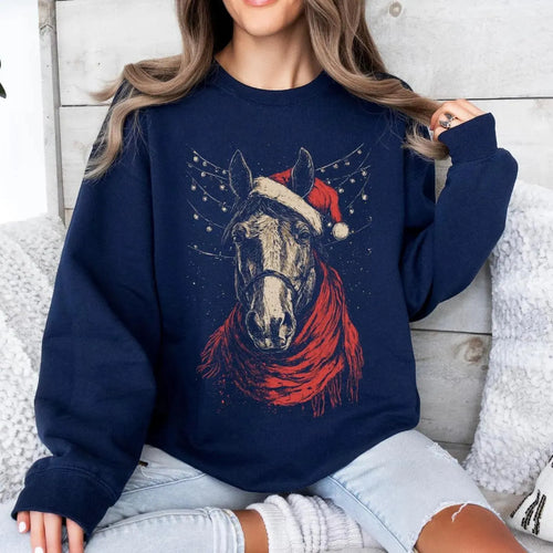 Christmas Horse Sweatshirt, Custom Horse with Santa Hat Graphic Crewneck
