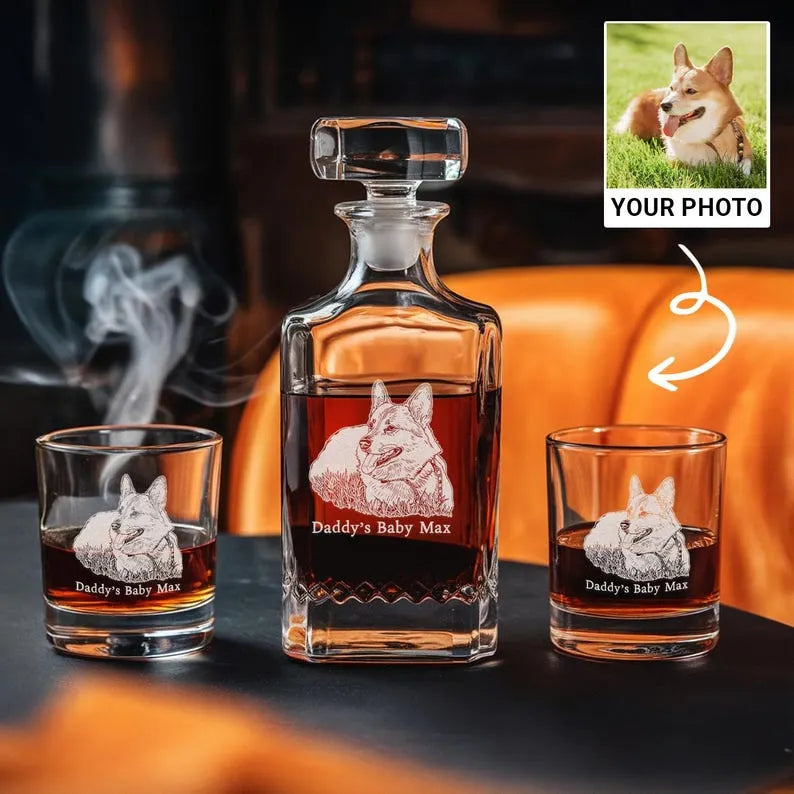 Personalized Custom Photo Dog Pet Whiskey Glass And Decanter Set, Dog Whiskey Glass Cup