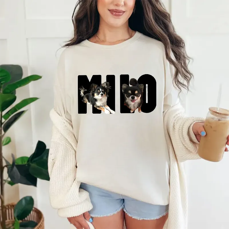 PetFiestas® Custom Pet Photo  Printed on Top of Name Sweatshirt Hoodie T-shirt