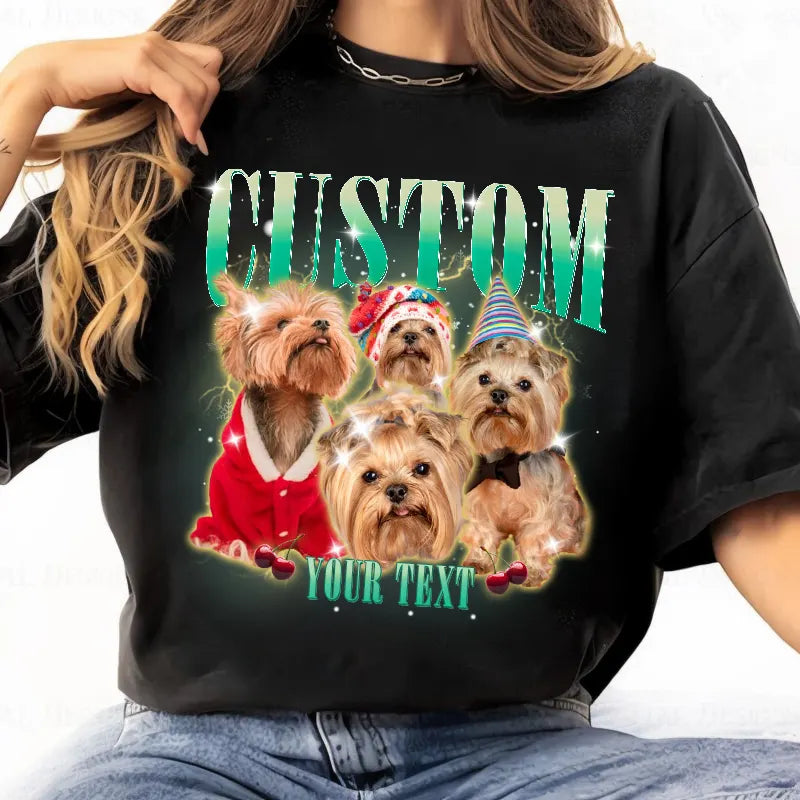PetFiestas® Christmas Bootleg Dog Tee Sweatshirt, Custom Pet Photo Retro Xmas T Shirt Hoodie
