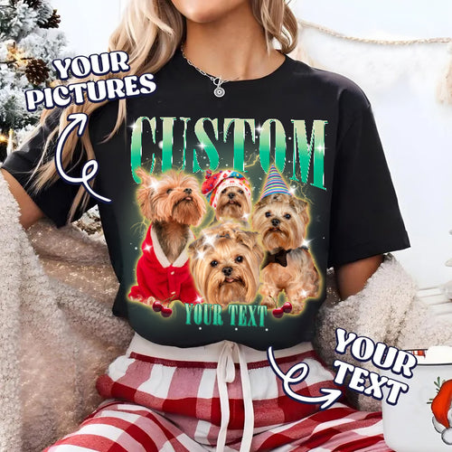 PetFiestas® Christmas Bootleg Dog Tee Sweatshirt, Custom Pet Photo Retro Xmas T Shirt Hoodie