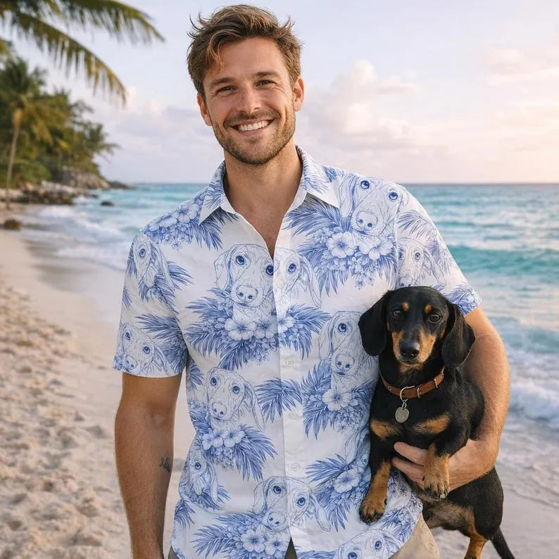 Personalized Dog Photo Toile De Jouy Style Hawaiian Shirt, Fathers Day Gift