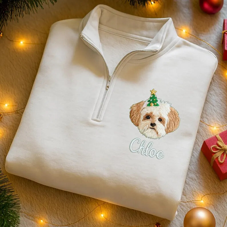 Custom Pet Portrait Embroidered Quarter Zip Christmas Sweatshirt- Colorful Design