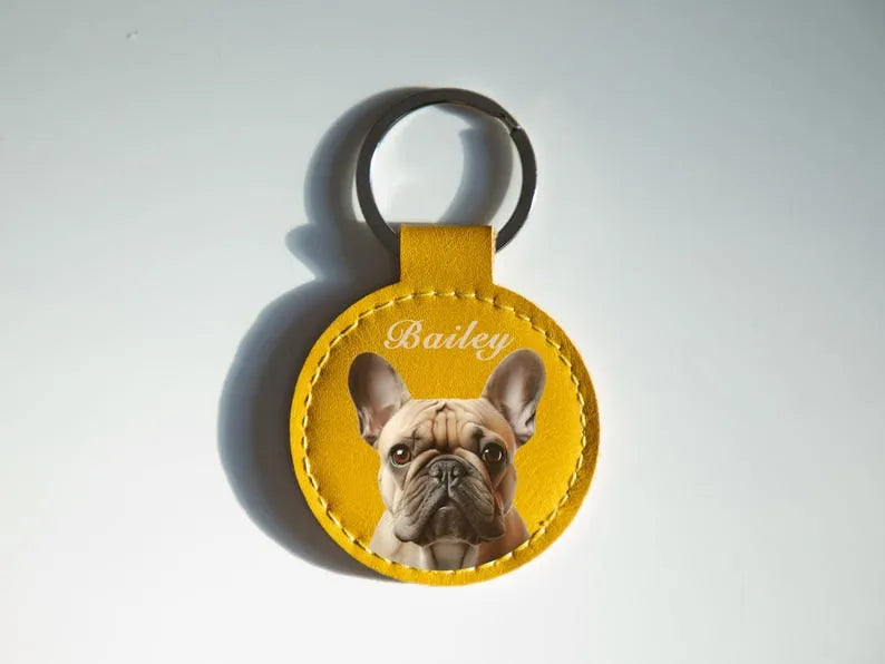 Personalized Dog Keychain with Pet Portrait – Custom Leather Keychain – Pet Memorial Gift