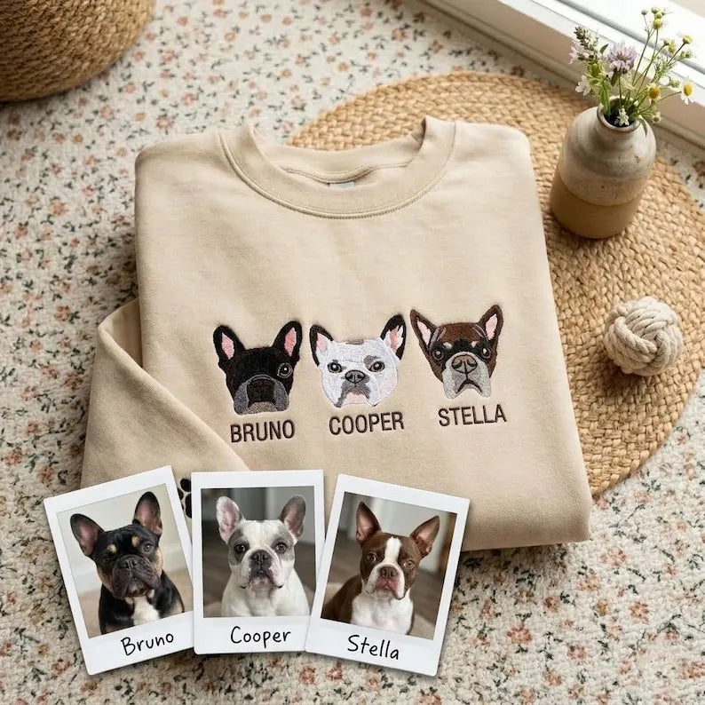 Personalized Pet Face Embroidered Crewneck Sweatshirt T-shirt, Gifts for Dog Lover - Colorful Design