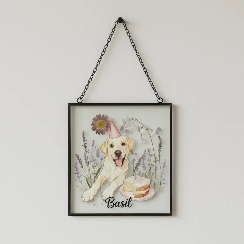 Custom Pet Portrait Suncatcher with Real Glass & Dried Flowers, Personalized Pet Memorial Gift