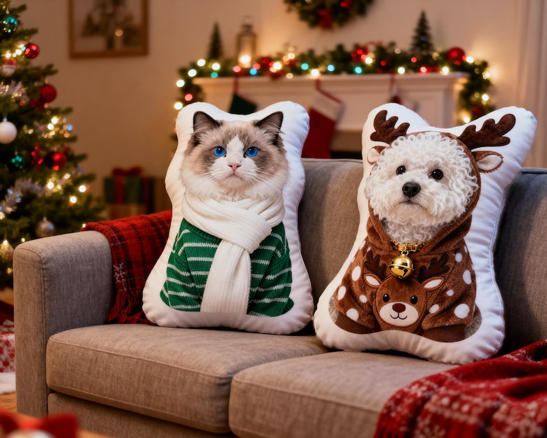 Custom Christmas Pet Photo Pillow, Personalized Christmas Dog Cat Portrait Cushion