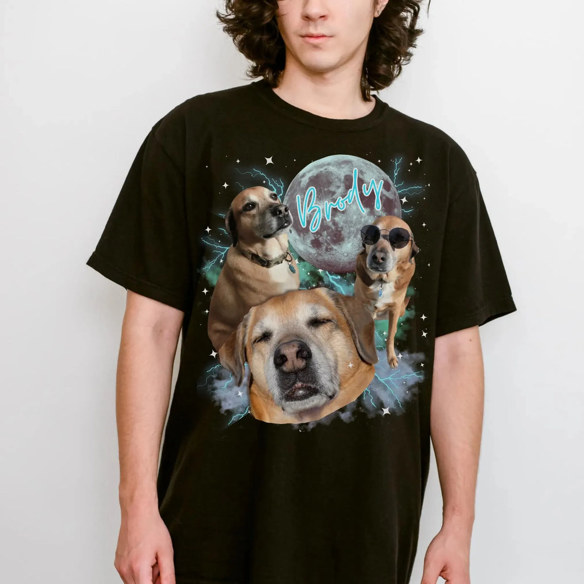 Custom Pet Portrait T-shirt, Pet Vintage Graphic T-shirt with Retro Moon Style