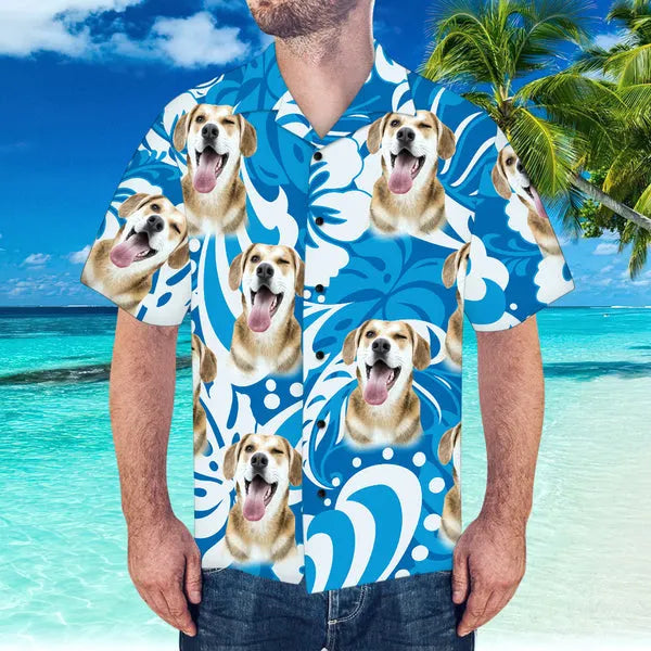 Custom Hawaiian Shirt with Pet Face Leaves & Flowers Pattern Hawaiian Shirt