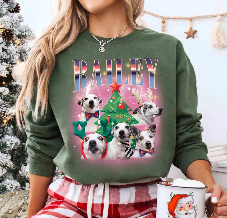 PetFiestas® Christmas Tree Bootleg Dog Photo Sweatshirt T Shirt Hoodie, Custom Vintage Christmas Shirt