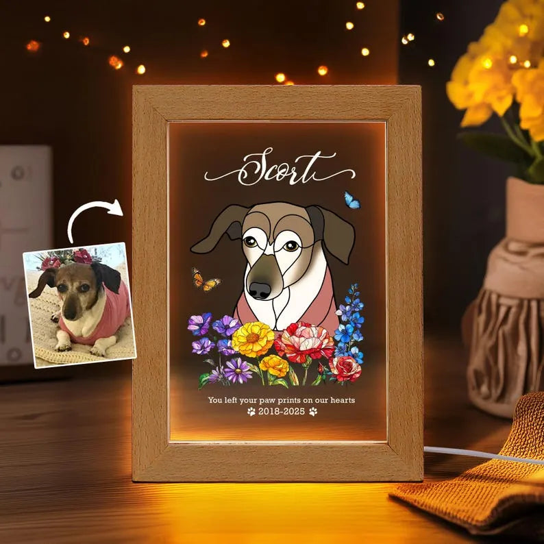 Custom Pet Memorial Night Light with Photo, Name & Floral Design