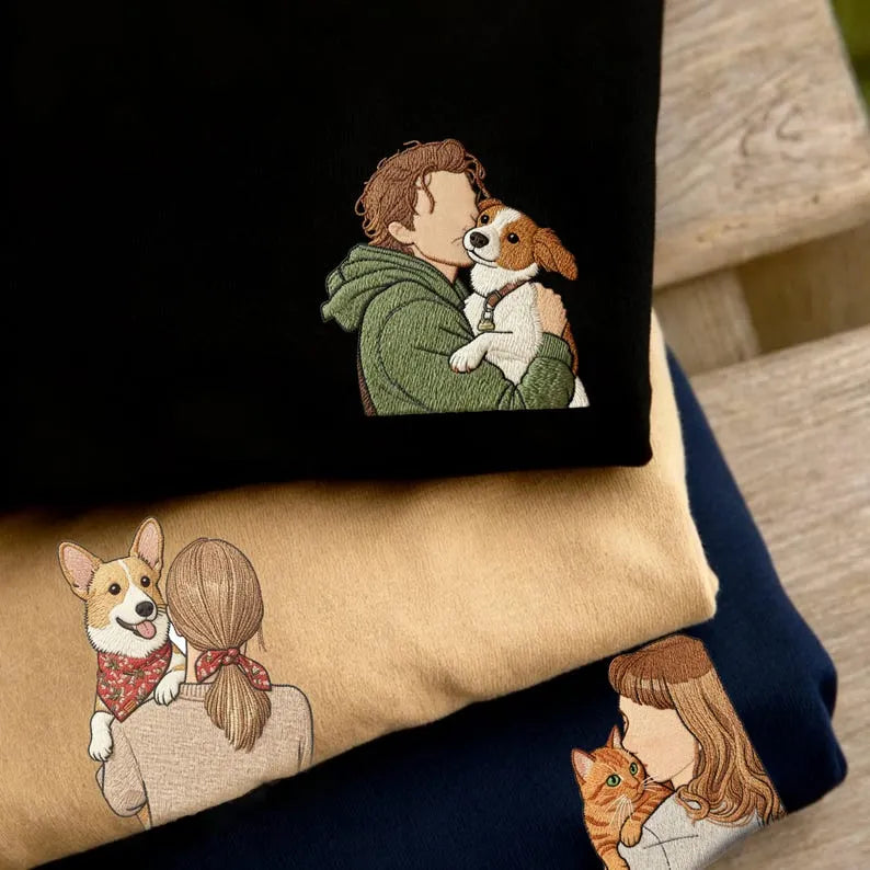 Custom Embroidered Pet and Owner Portrait Sweatshirt, Personalized Dog/Cat Dad Mom Gift