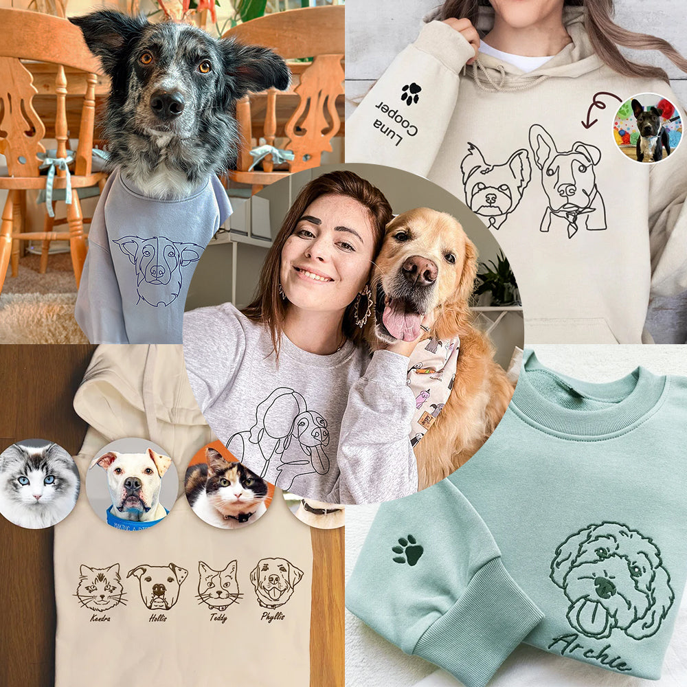 Custom Pet Photo Outline Embroidered Hoodie Crewneck T-shirt- Stylish Outline Style