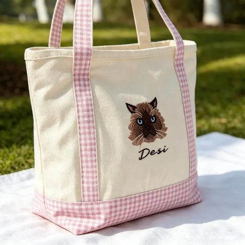 Bestickte Tote Bag mit Portrait, Karomuster