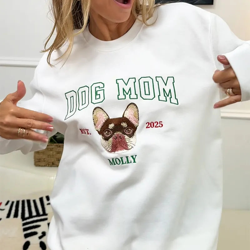 Custom Pet Portrait Embroidered Dog Mom Dad Sweatshirt, Dog Mama Varsity Shirt