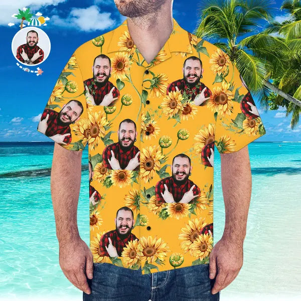 Custom Pet Face Hawaiian Shirt Sunflower Pattern Hawaiian Shirt for Beach Party