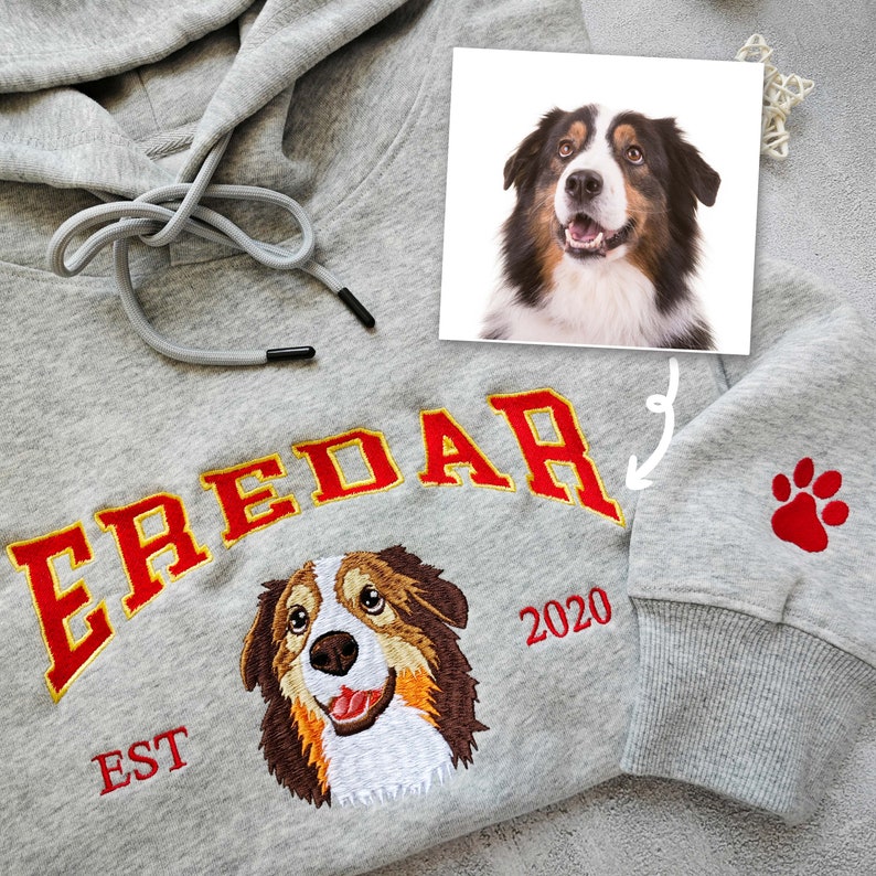 Custom Dog Hoodie Embroidered Dog Name, Personalized Pet Face Sweatshirt, Varsity Style Hoodie For Kid- Varsity Colorful
