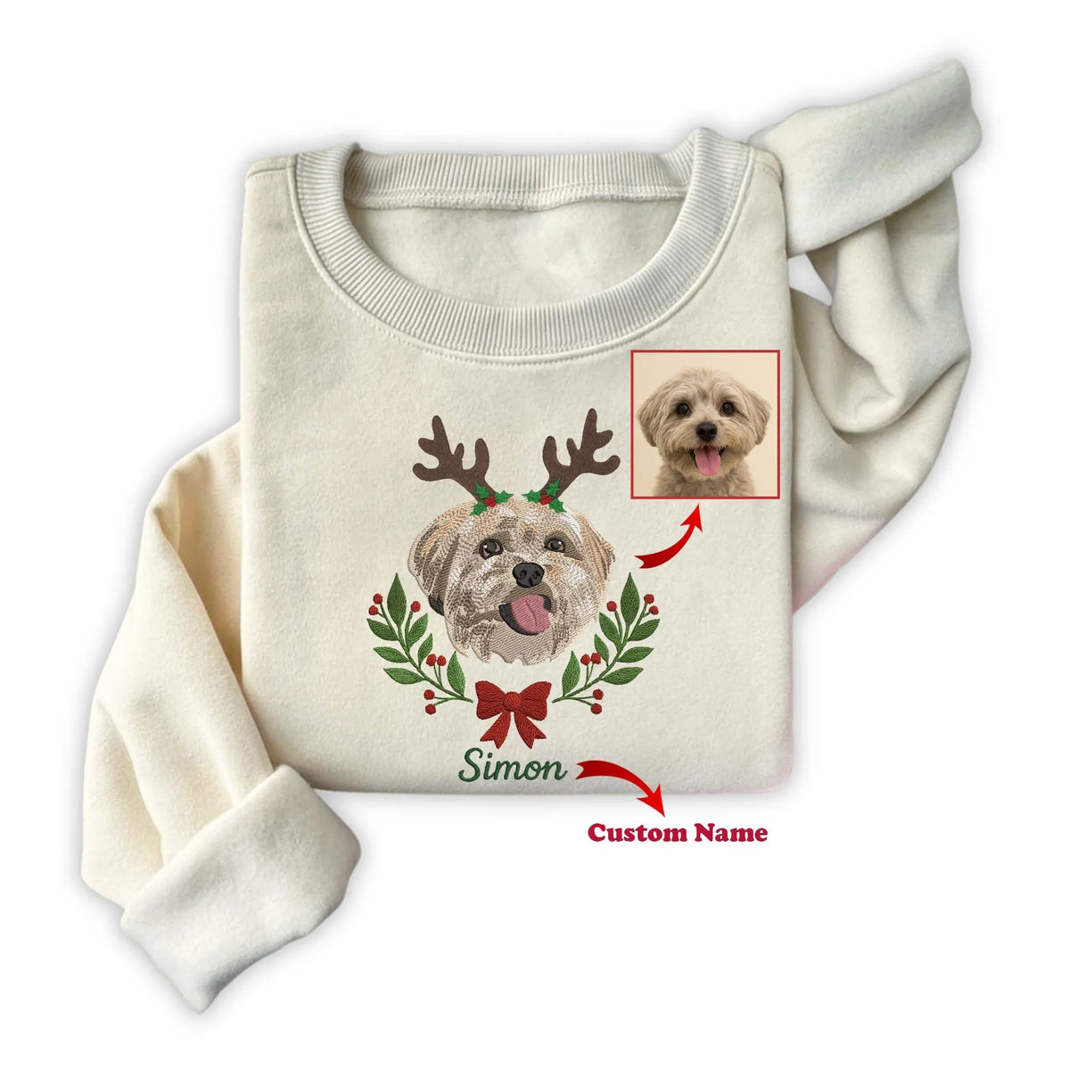 Custom Pet Embroidered Christmas Sweatshirt, Personalized Dog or Cat Portrait Crewneck- Colorful Design