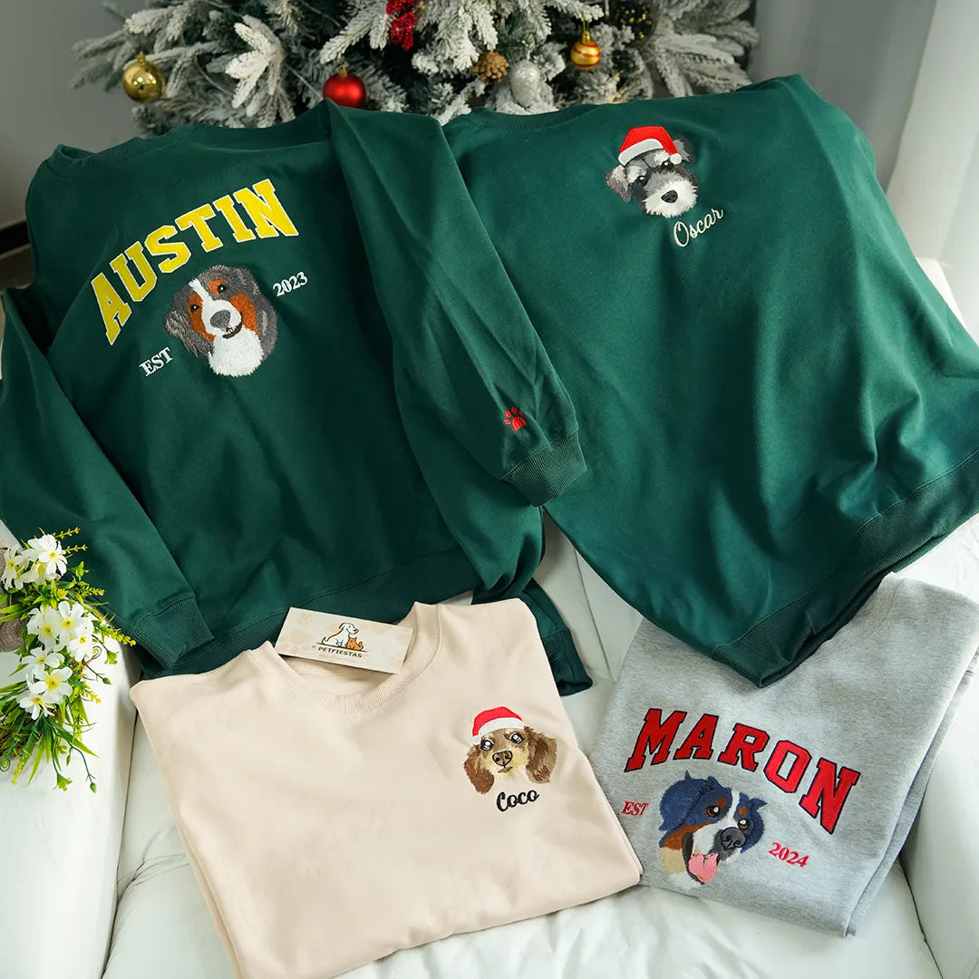 PetFiestas® Custom Pet Portrait Embroidered Christmas Jumper, Sweatshirt, Hoodie, T-shirt, Perfect Xmas Gift- Colorful D