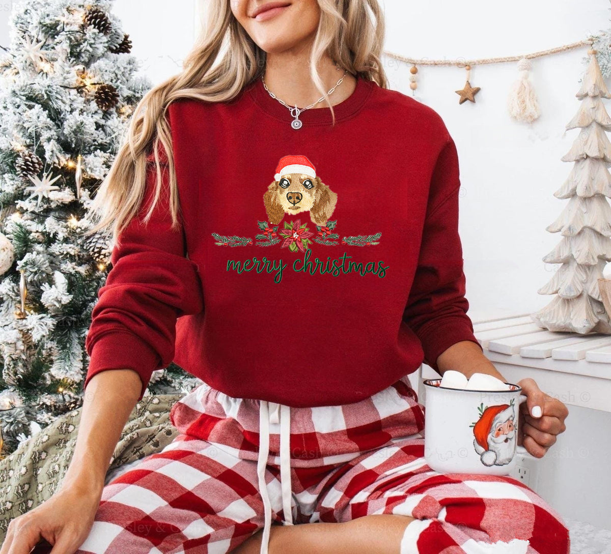 PetFiestas® Merry Christmas Custom Dog Cat Face Embroidered Sweatshirt with Christmas Wreath Embroidery- Colorful Design