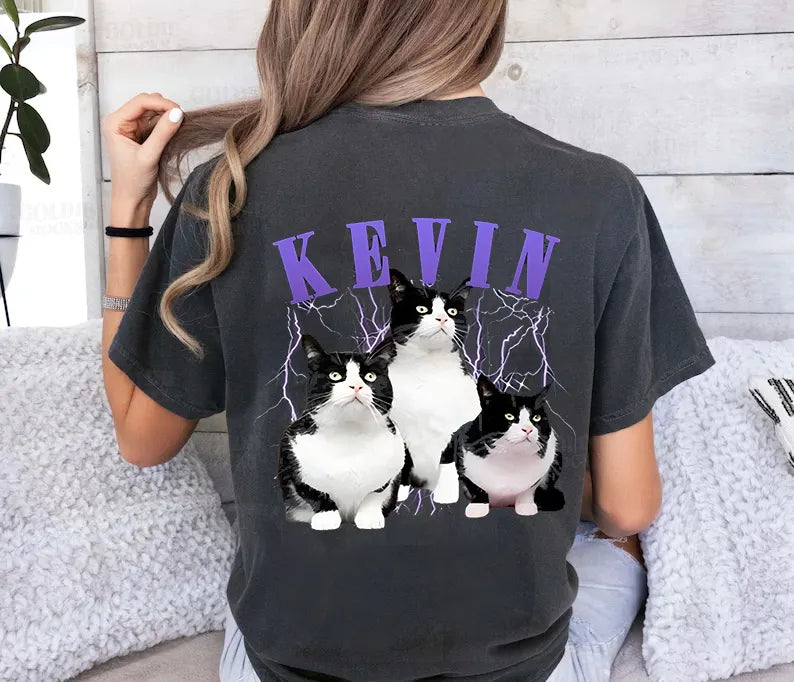 Custom Vintage Pet Photo Printed On Backside Of Pepper Color T-Shirt