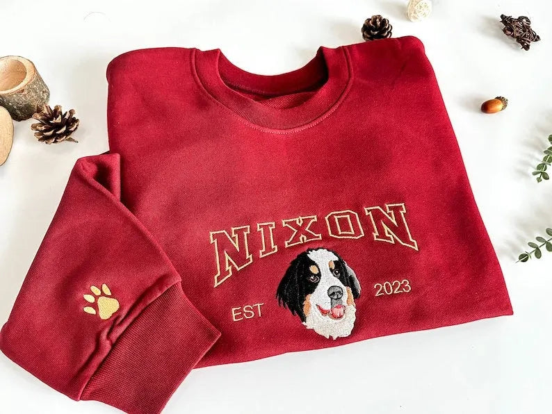 Custom Dog/Cat Face Embroidered Shirt from Your Photo Sweatshirt, Varsity Style Hoodie- Varsity Colorful Design