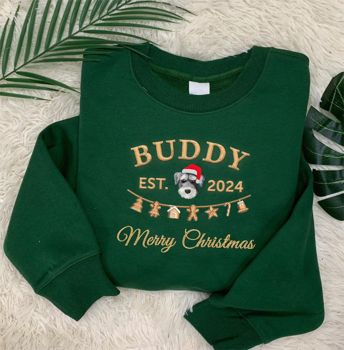 PetFiestas® Gingerbread Embroidery Custom Pet Embroidered Christmas Sweatshirt Hoodie T-shirt- Varsity Colorful Design