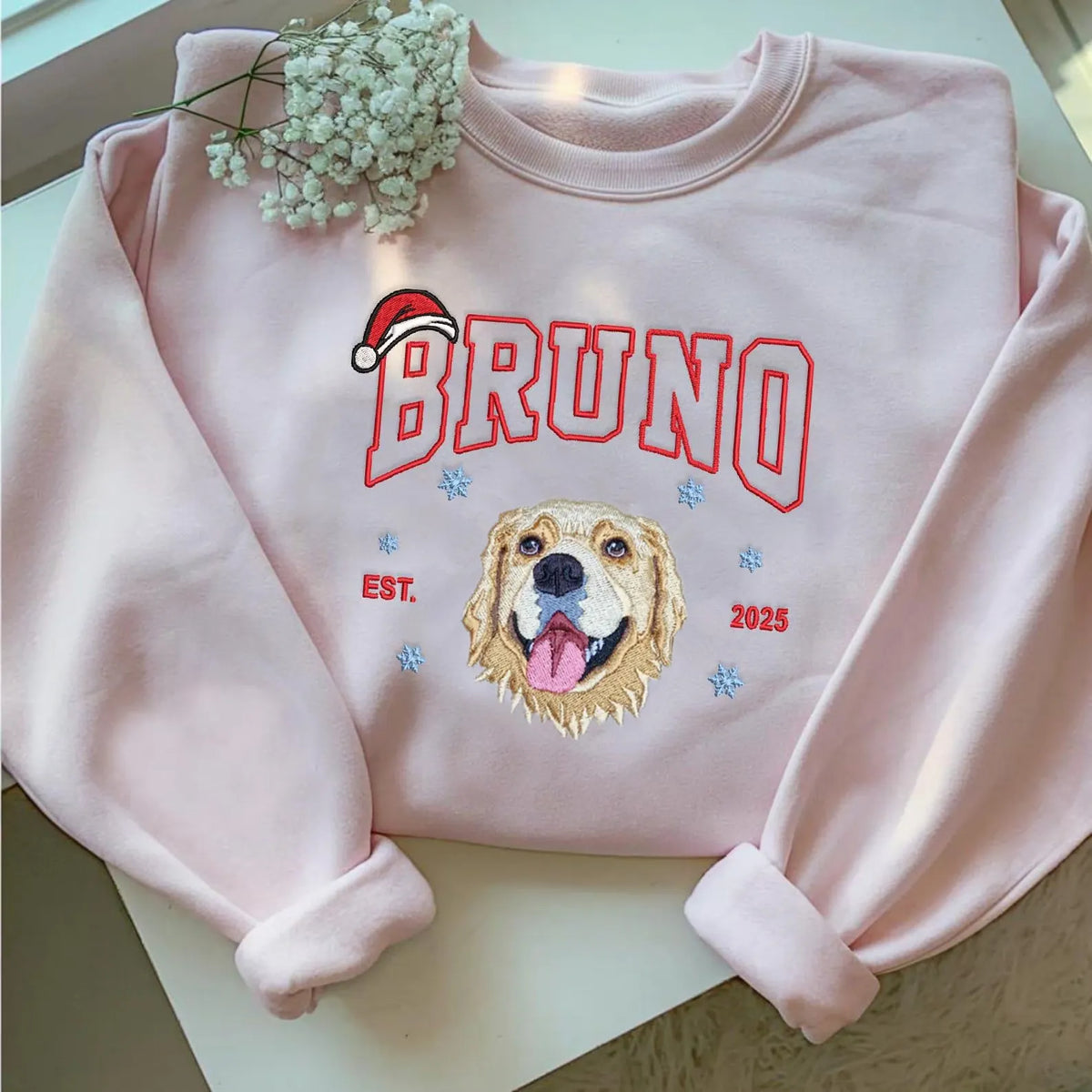 Custom Dog Cat Portrait Embroidered Christmas Sweatshirt- Varsity Colorful Design