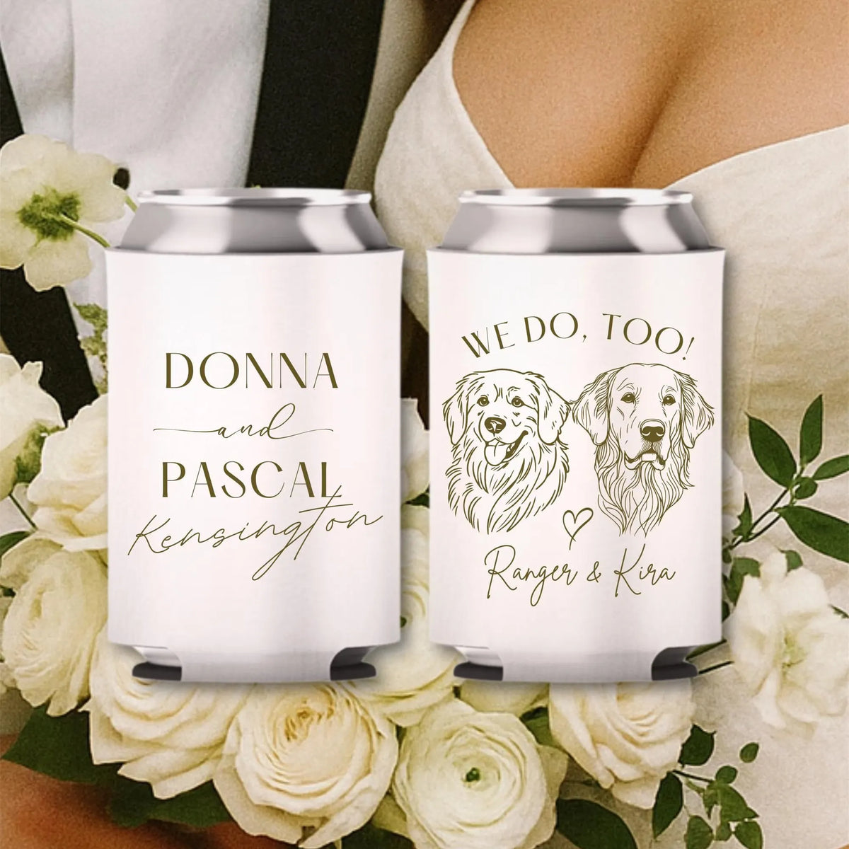 Custom Dog Wedding Can Coolers, We Do Too Pet Illustration Hand Drawn Wedding Favor