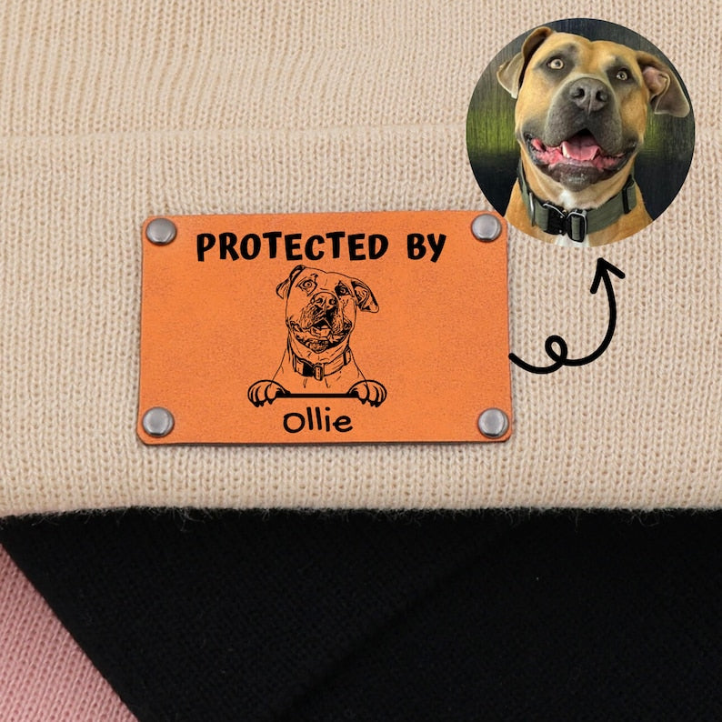 Custom Pet Portrait Protected By Baby Toddler Beanie with Leather Patch for Boy Girl