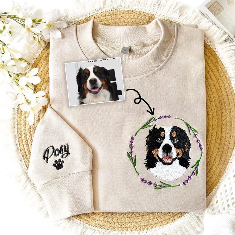 Custom Pet Portrait Embroidered Sweatshirt with Wreath - Colorful Design