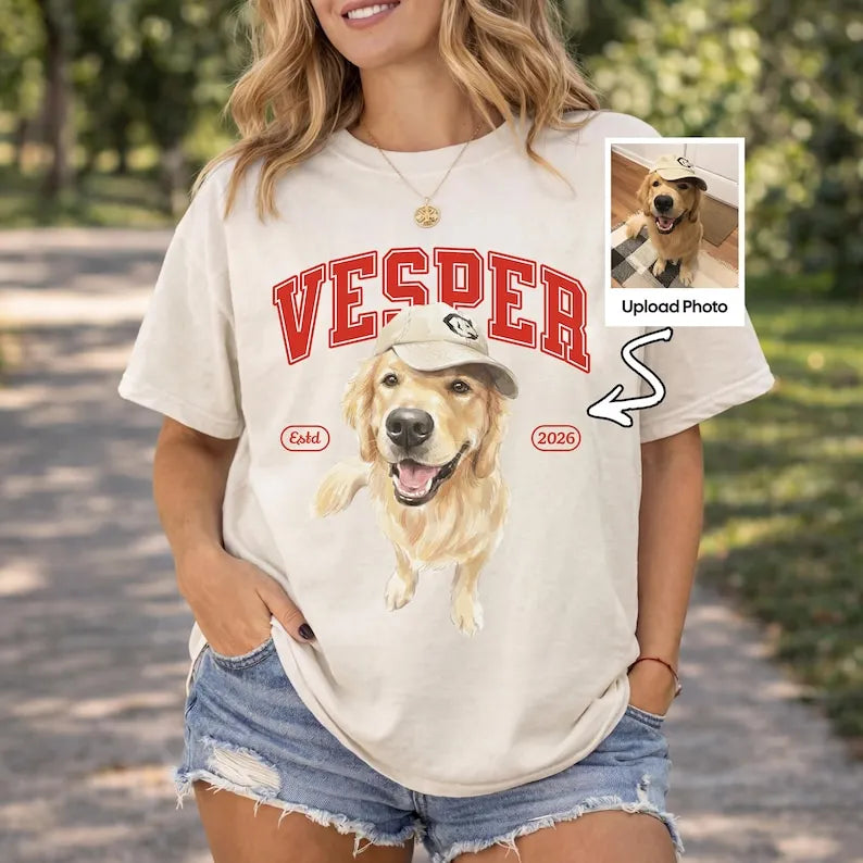 Personalized Watercolor Pet Portrait Varsity T-Shirt, Custom Pet Illustration and Name Tee